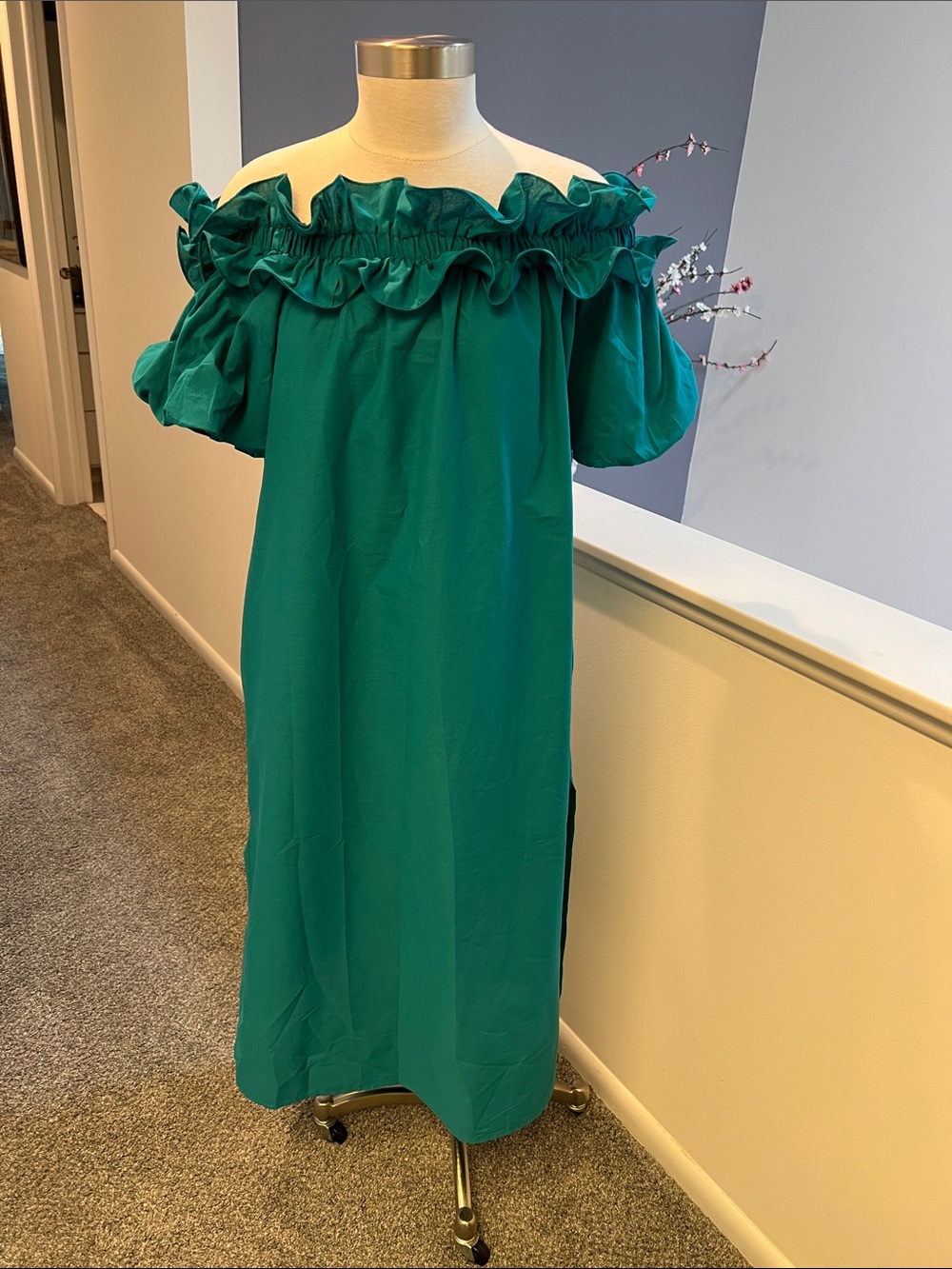 Ruffled Off-Shoulder Teal Dress